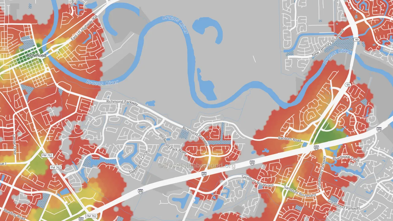 Walk Grade map of Crabb, TX, walkable areas in green and car-dependent areas in red