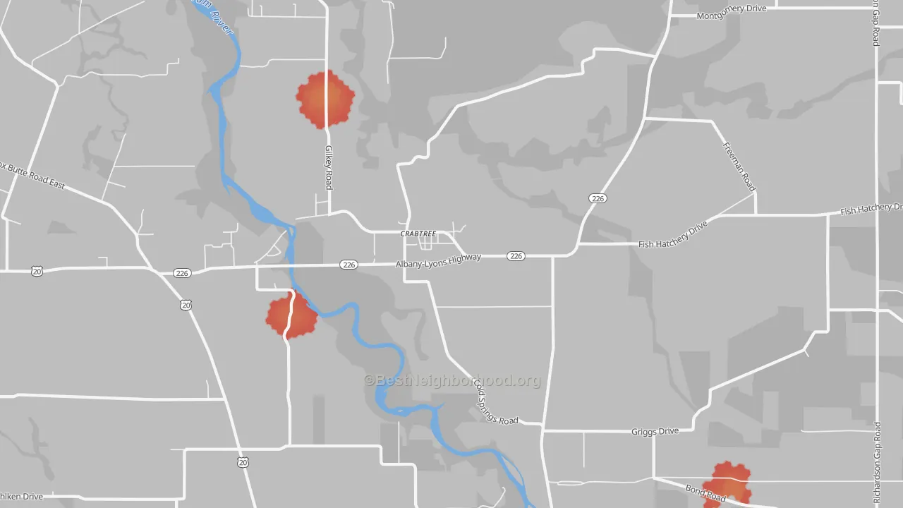 Walk Grade map of Crabtree, OR, walkable areas in green and car-dependent areas in red