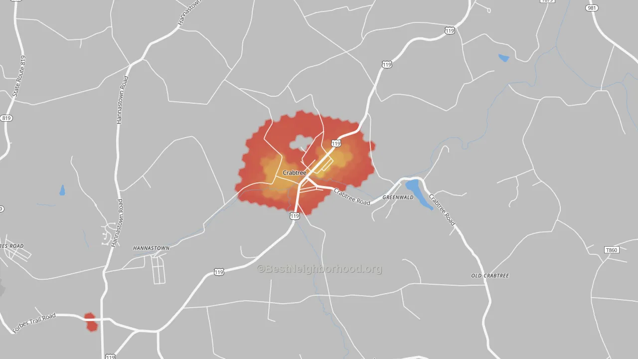 Walk Grade map of Crabtree, PA, walkable areas in green and car-dependent areas in red