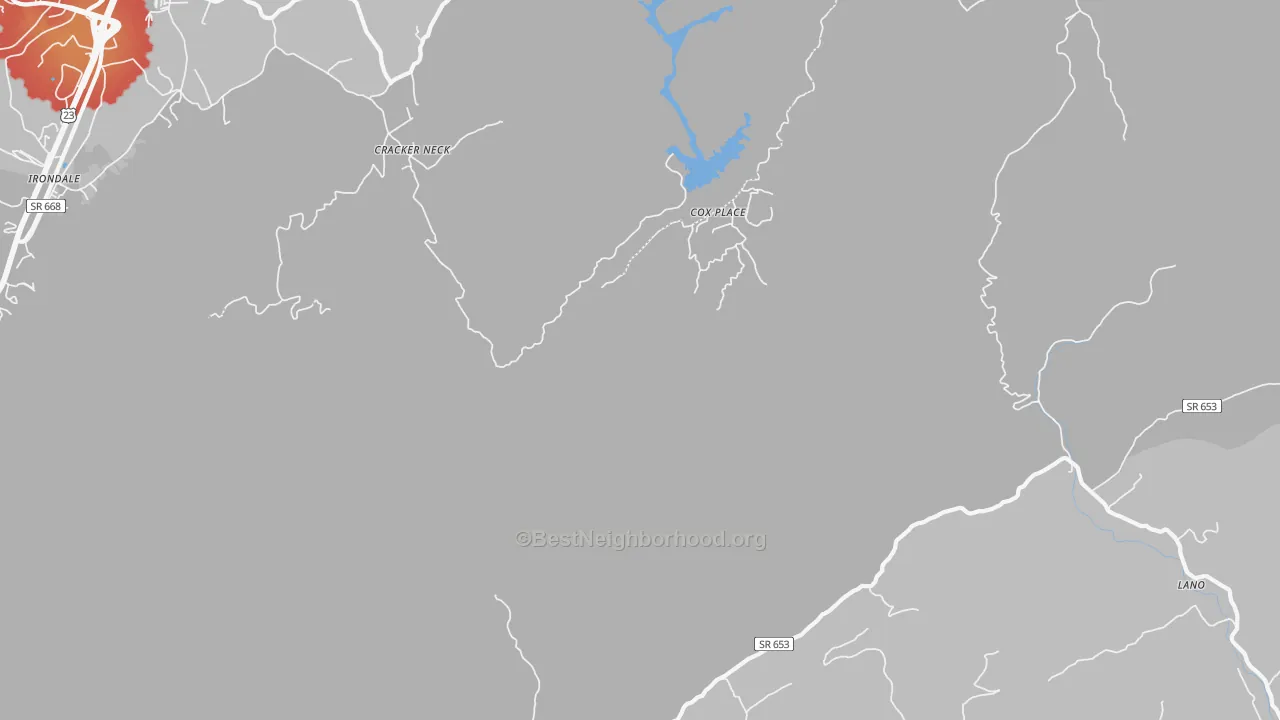 Walk Grade map of Cracker Neck, VA, walkable areas in green and car-dependent areas in red