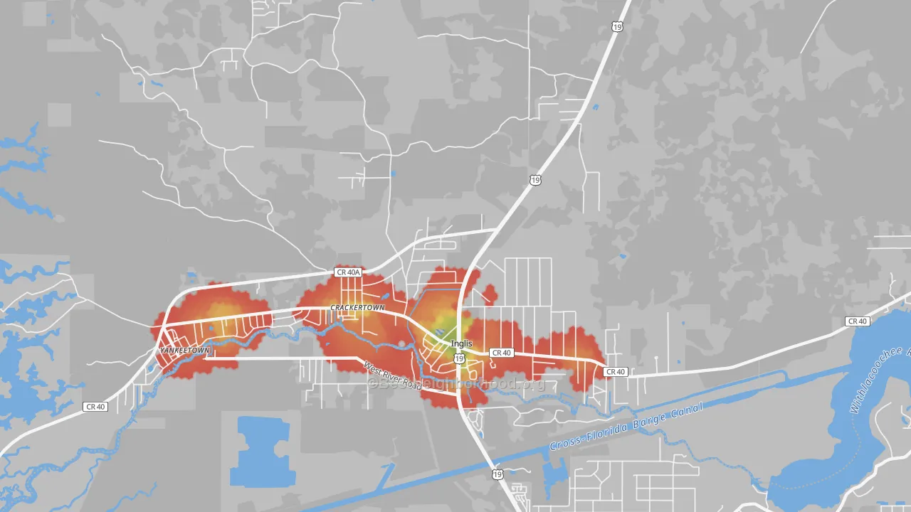 Walk Grade map of Crackertown, FL, walkable areas in green and car-dependent areas in red
