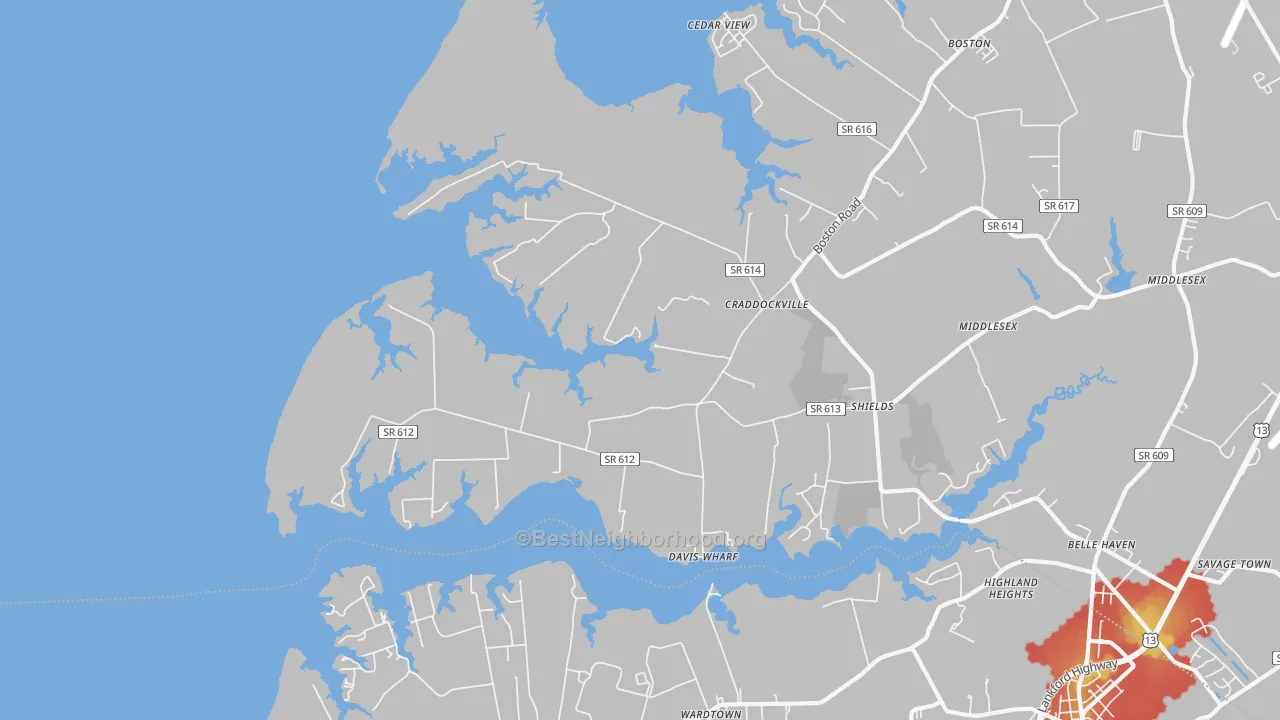 Walk Grade map of Craddockville, VA, walkable areas in green and car-dependent areas in red