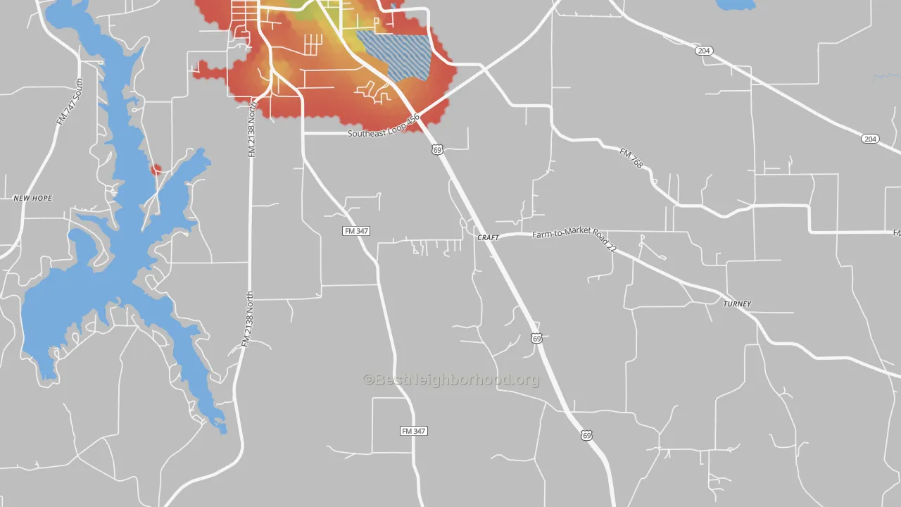 Walk Grade map of Craft, TX, walkable areas in green and car-dependent areas in red