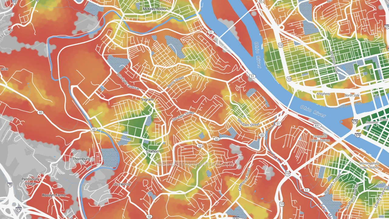 Walk Grade map of Crafton Heights, Pittsburgh, PA, walkable areas in green and car-dependent areas in red