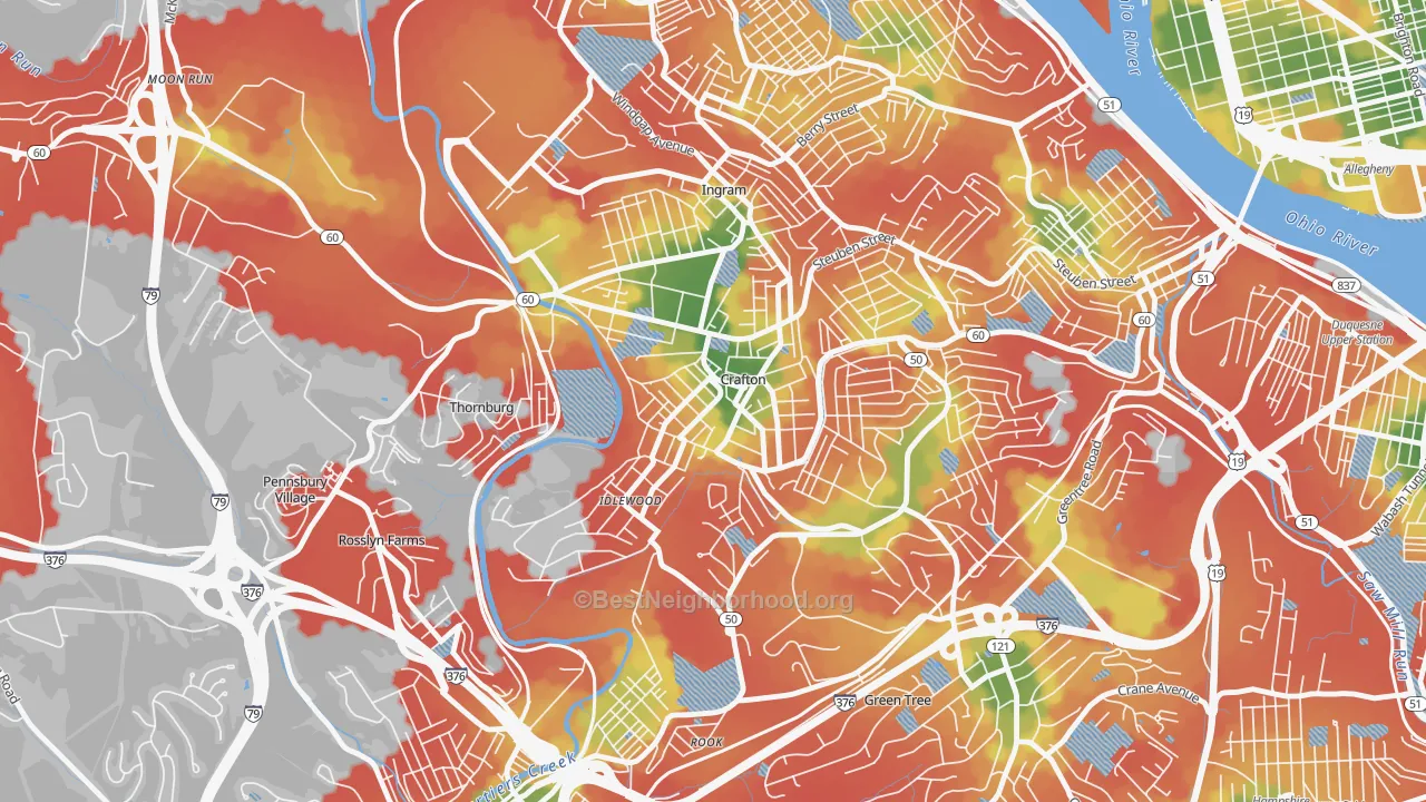 Walk Grade map of Crafton, PA, walkable areas in green and car-dependent areas in red