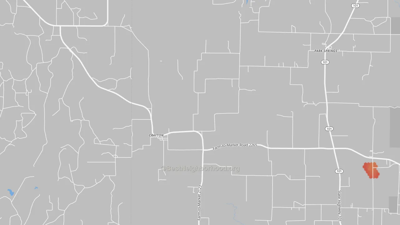 Walk Grade map of Crafton, TX, walkable areas in green and car-dependent areas in red
