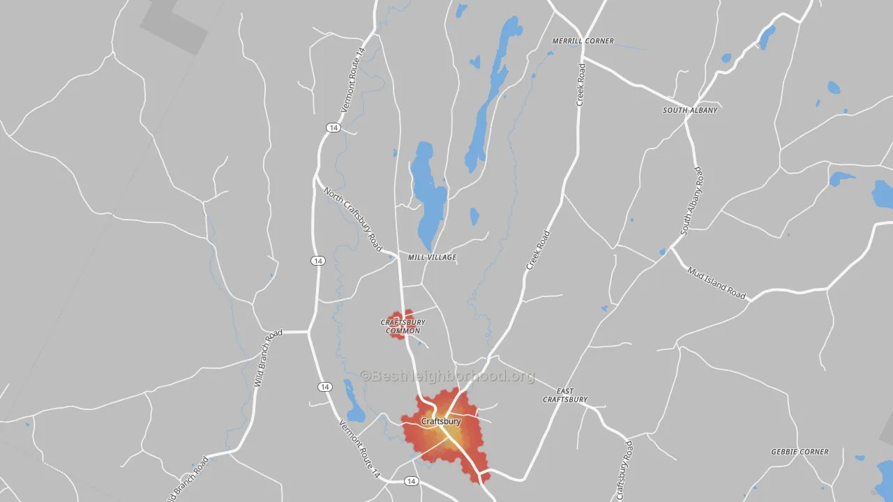 Walk Grade map of Craftsbury Common, VT, walkable areas in green and car-dependent areas in red