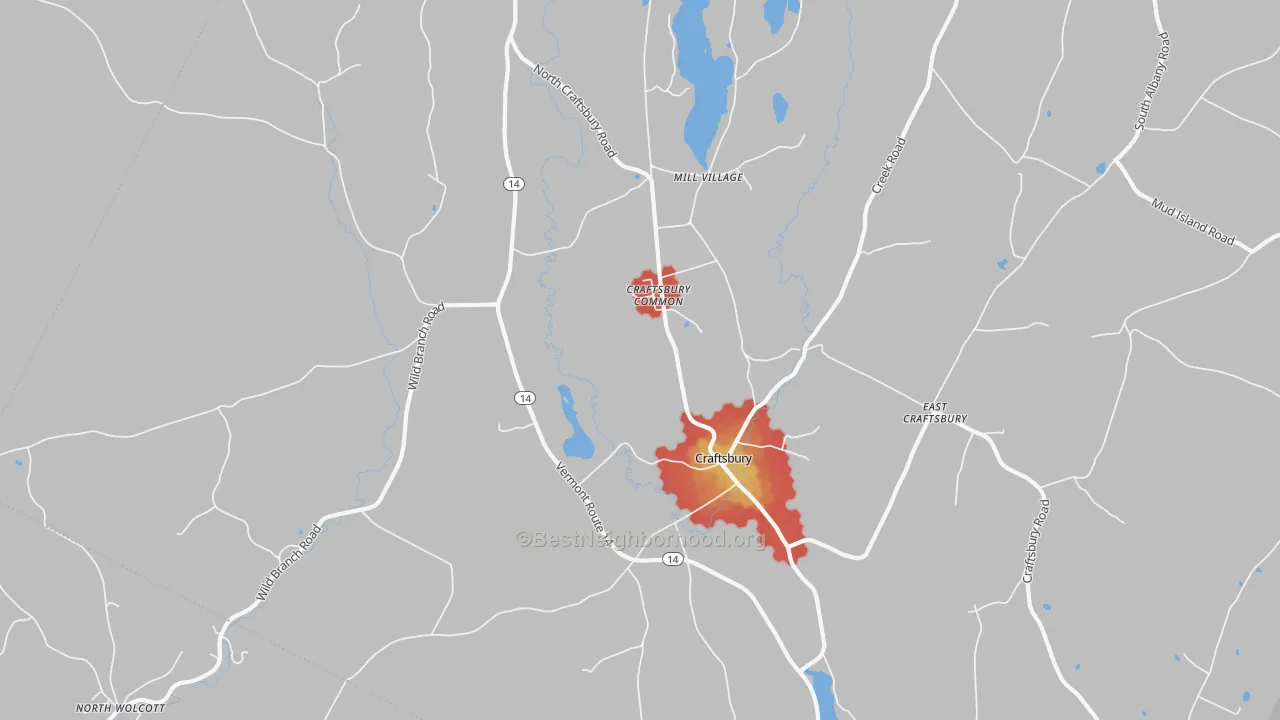 Walk Grade map of Craftsbury, VT, walkable areas in green and car-dependent areas in red