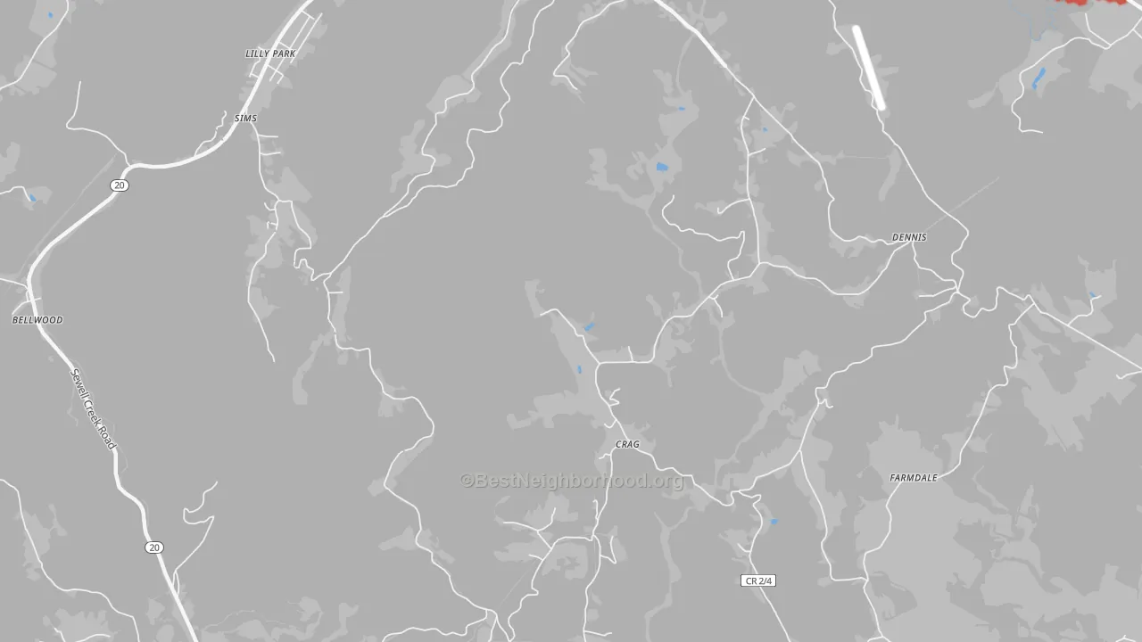 Walk Grade map of Crag, WV, walkable areas in green and car-dependent areas in red