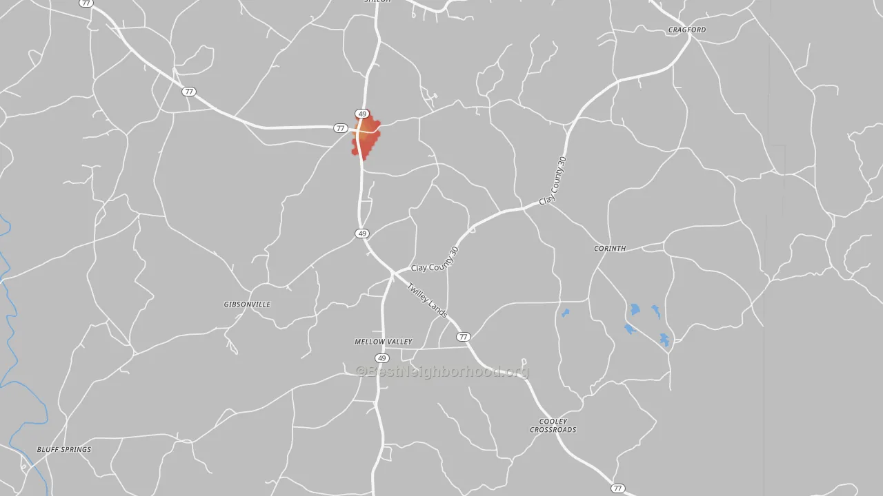 Walk Grade map of Cragford, AL, walkable areas in green and car-dependent areas in red