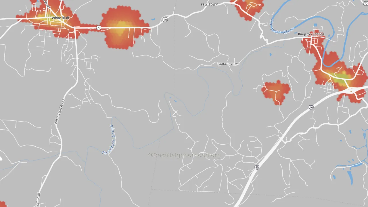 Walk Grade map of Craggie Hope, TN, walkable areas in green and car-dependent areas in red