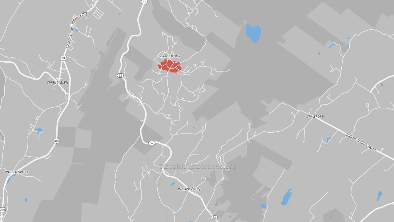 Walk Grade map of Cragsmoor, NY, walkable areas in green and car-dependent areas in red
