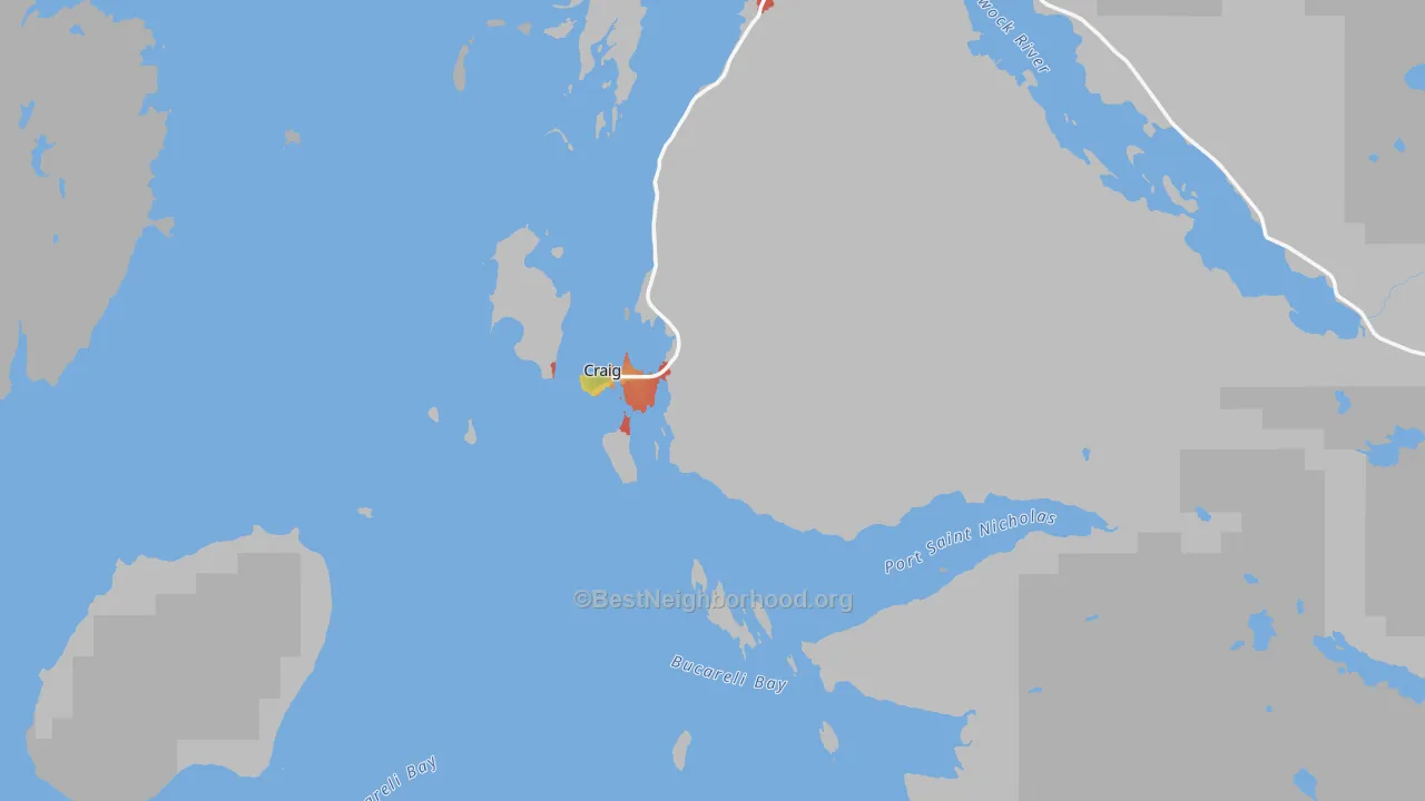 Walk Grade map of Craig, AK, walkable areas in green and car-dependent areas in red