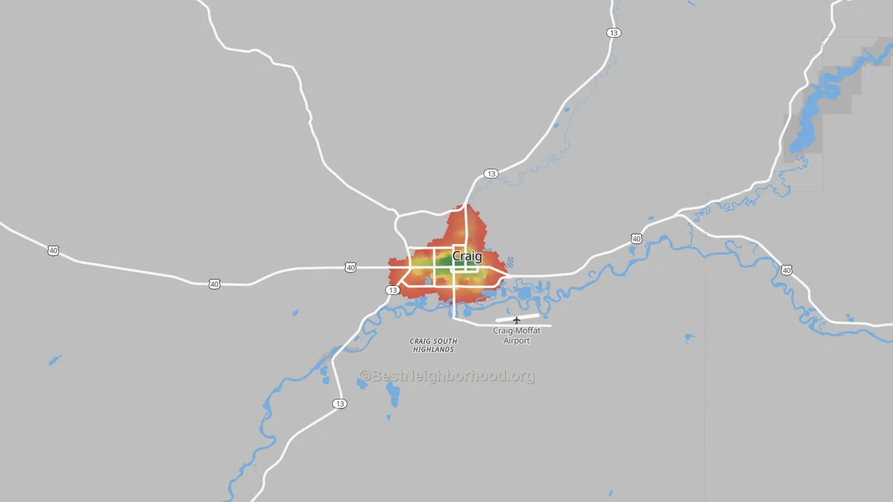 Walk Grade map of Craig, CO, walkable areas in green and car-dependent areas in red