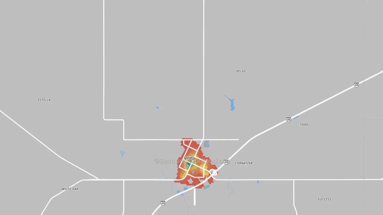 Walk Grade map of Craig County, OK, walkable areas in green and car-dependent areas in red