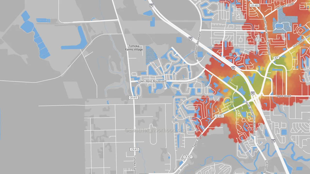 Walk Grade map of Craig Farms, Port Orange, FL, walkable areas in green and car-dependent areas in red