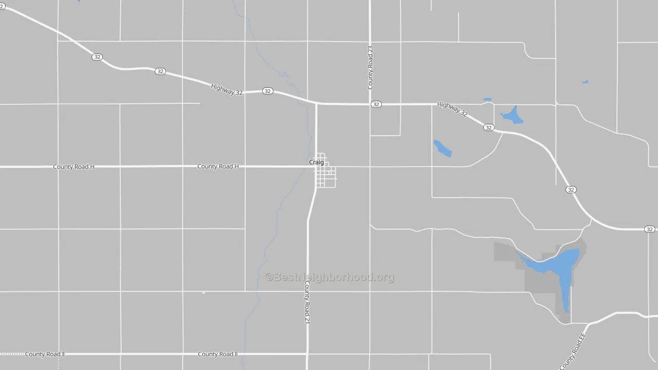 Walk Grade map of Craig, NE, walkable areas in green and car-dependent areas in red