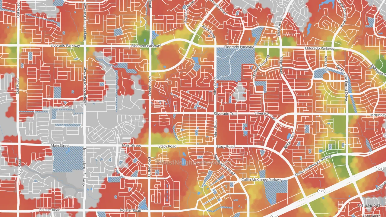 Walk Grade map of Craig Ranch North, McKinney, TX, walkable areas in green and car-dependent areas in red