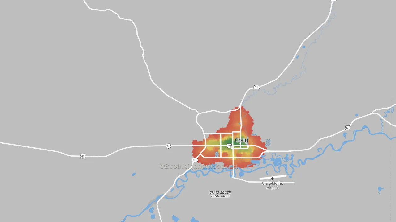 Walk Grade map of Craig South Highlands, CO, walkable areas in green and car-dependent areas in red