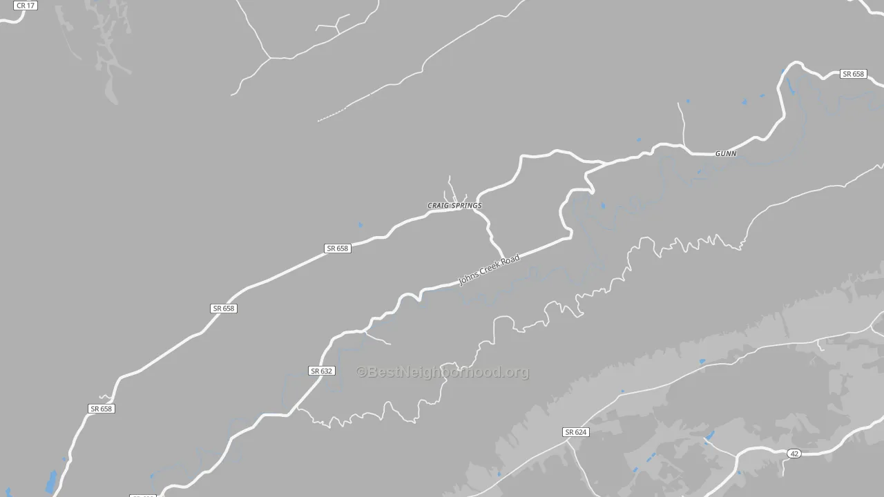 Walk Grade map of Craig Springs, VA, walkable areas in green and car-dependent areas in red