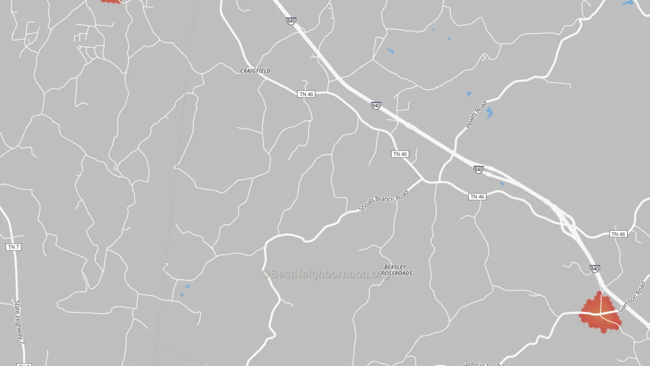 Walk Grade map of Craigfield, TN, walkable areas in green and car-dependent areas in red