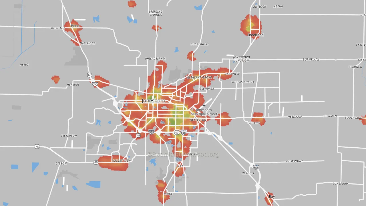 Walk Grade map of Craighead County, AR, walkable areas in green and car-dependent areas in red