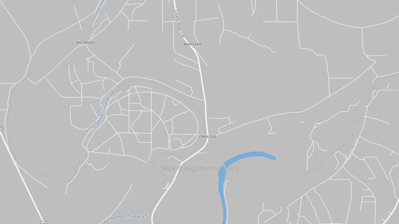 Walk Grade map of Craigside, MS, walkable areas in green and car-dependent areas in red