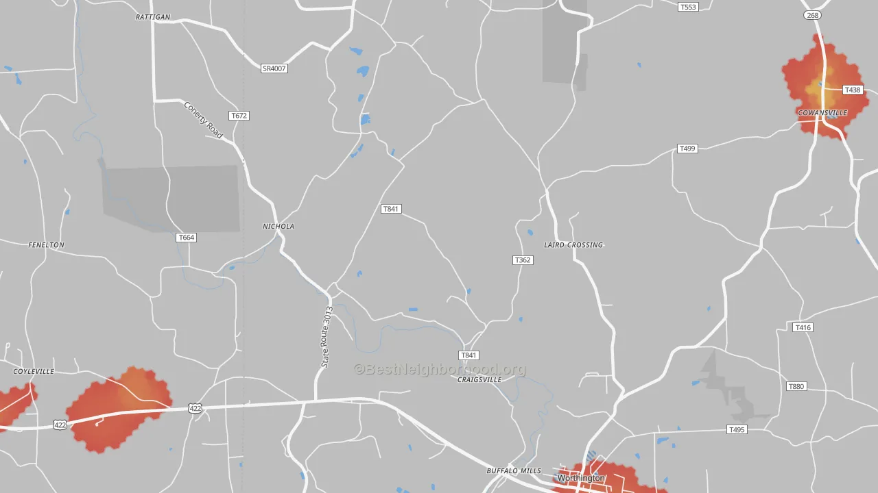 Walk Grade map of Craigsville, PA, walkable areas in green and car-dependent areas in red