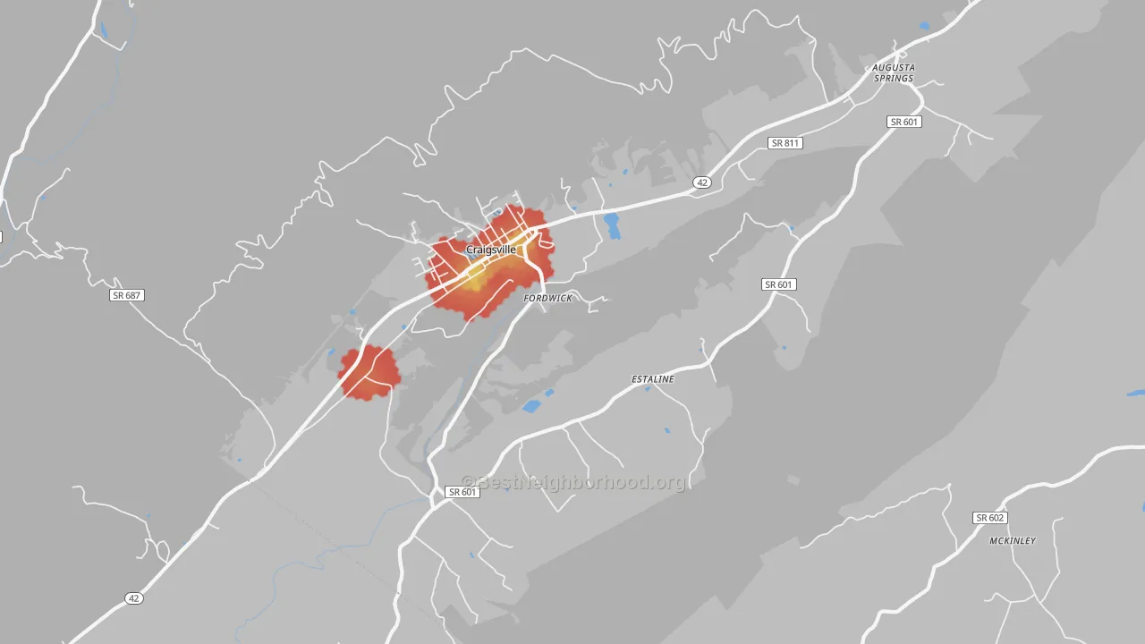 Walk Grade map of Craigsville, VA, walkable areas in green and car-dependent areas in red