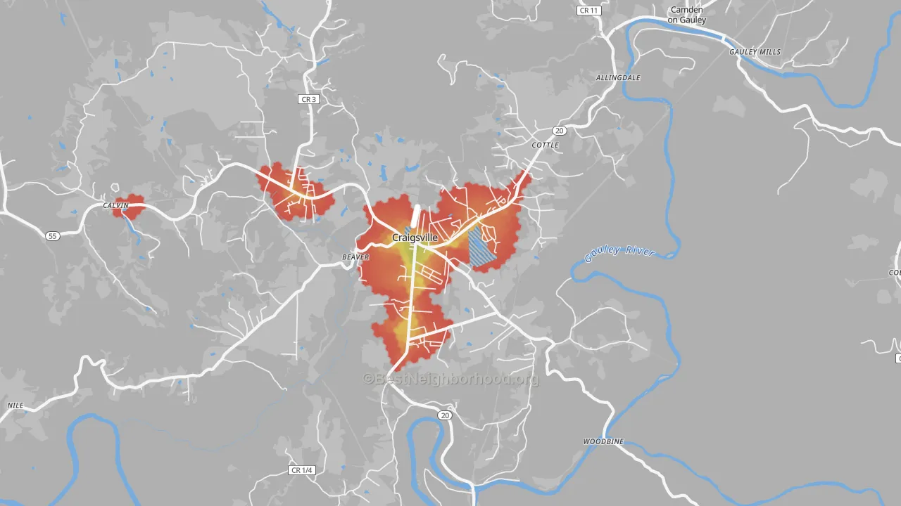 Walk Grade map of Craigsville, WV, walkable areas in green and car-dependent areas in red