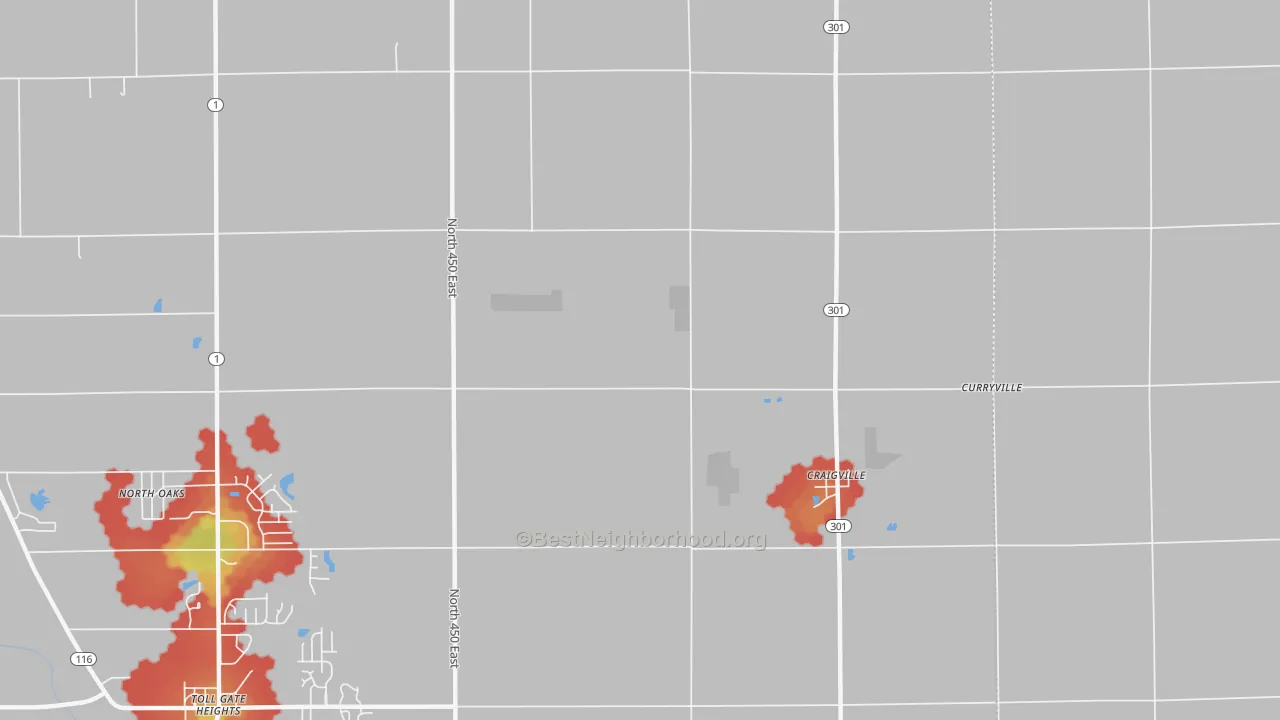 Walk Grade map of Craigville, IN, walkable areas in green and car-dependent areas in red