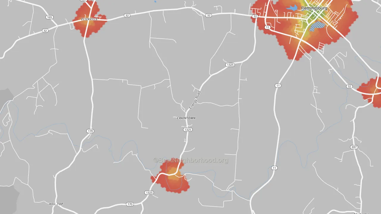 Walk Grade map of Craintown, KY, walkable areas in green and car-dependent areas in red
