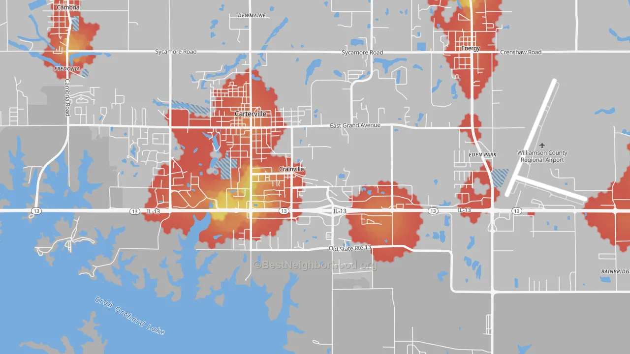 Walk Grade map of Crainville, IL, walkable areas in green and car-dependent areas in red