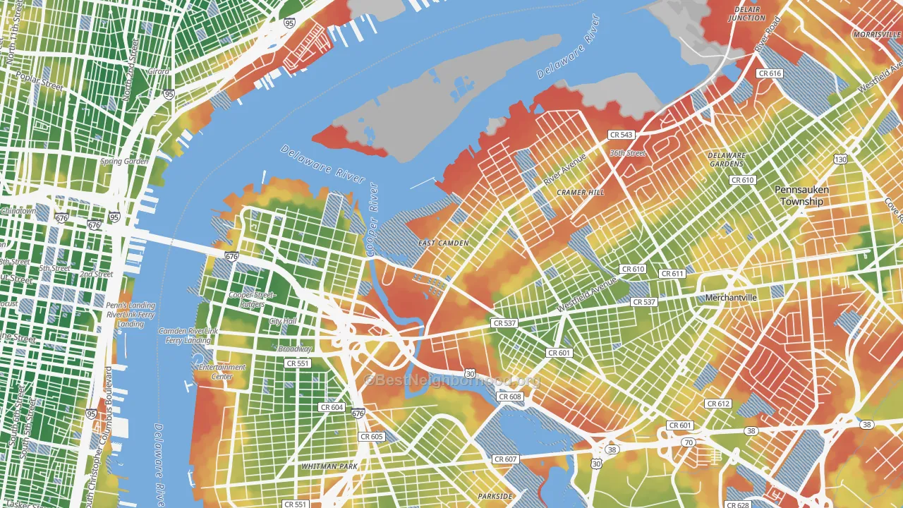 Walk Grade map of Cramer Hill, Camden, NJ, walkable areas in green and car-dependent areas in red