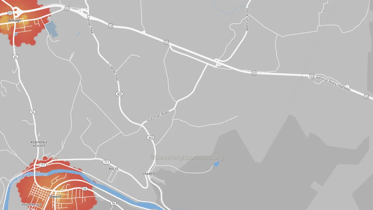 Walk Grade map of Cramer, PA, walkable areas in green and car-dependent areas in red