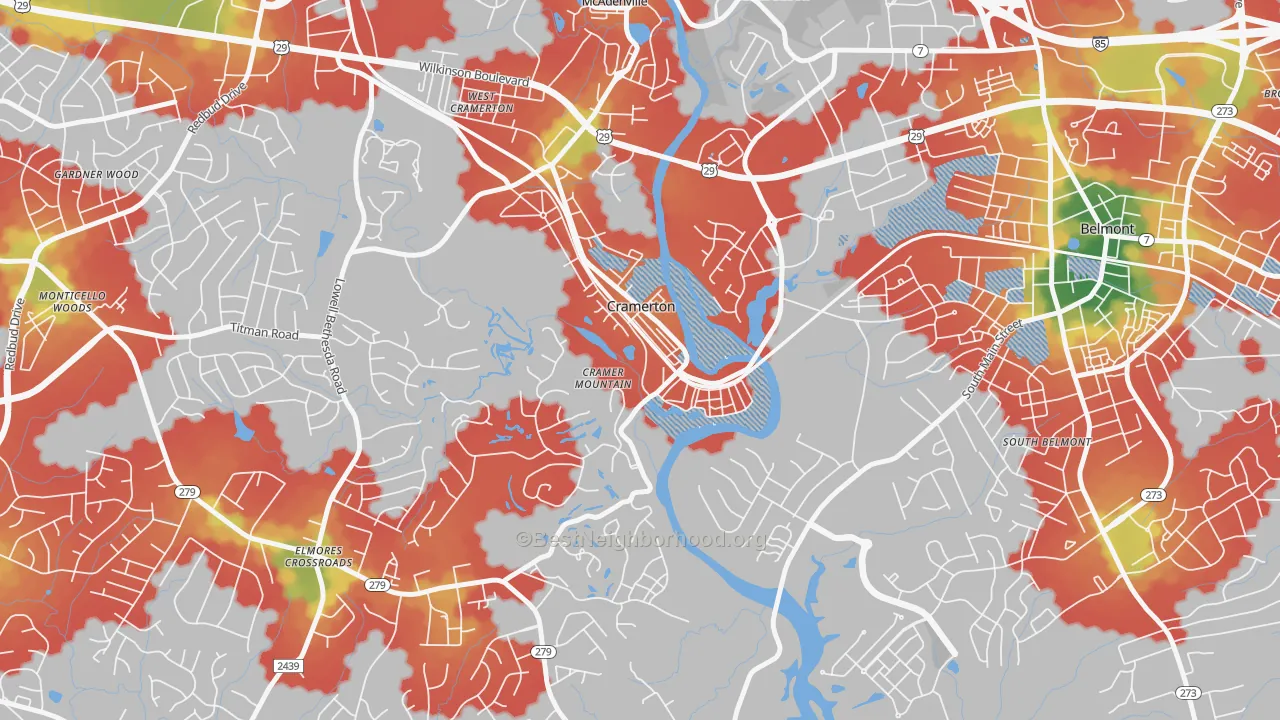 Walk Grade map of Cramerton, NC, walkable areas in green and car-dependent areas in red