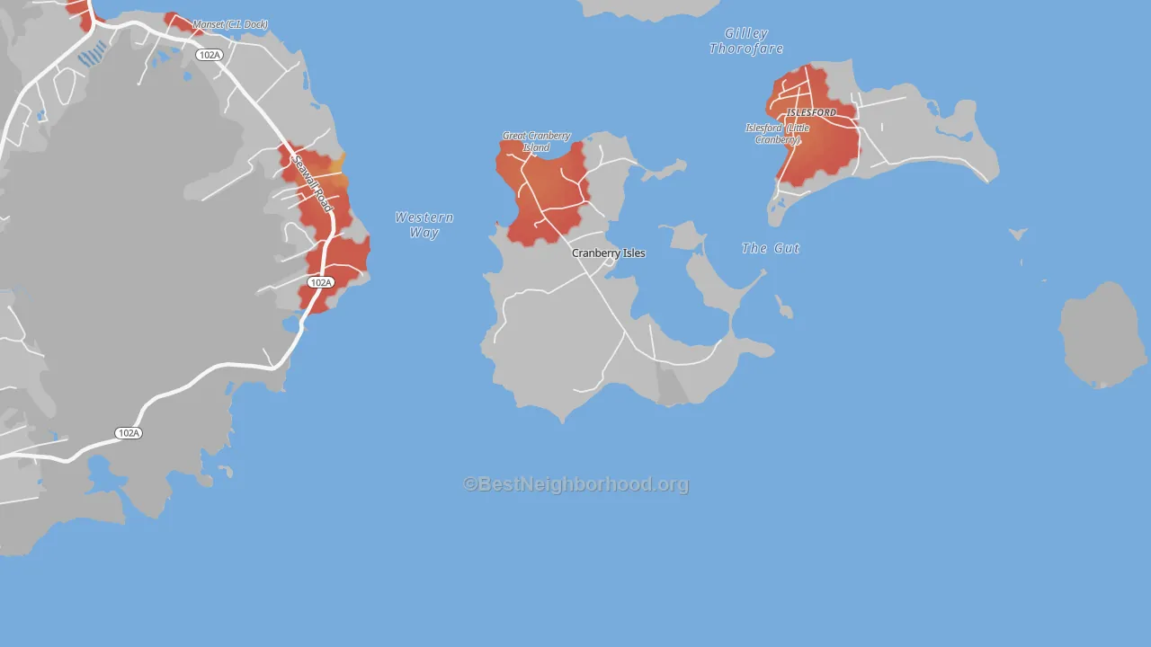 Walk Grade map of Cranberry Isles, ME, walkable areas in green and car-dependent areas in red
