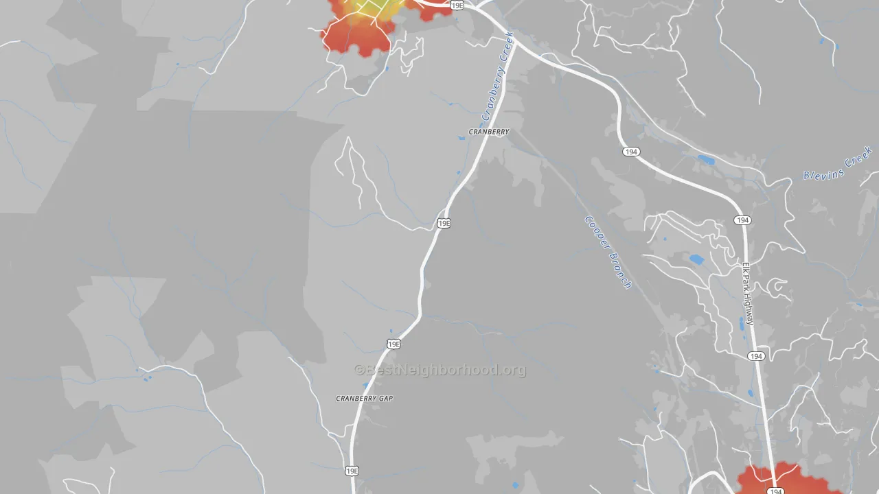 Walk Grade map of Cranberry, NC, walkable areas in green and car-dependent areas in red