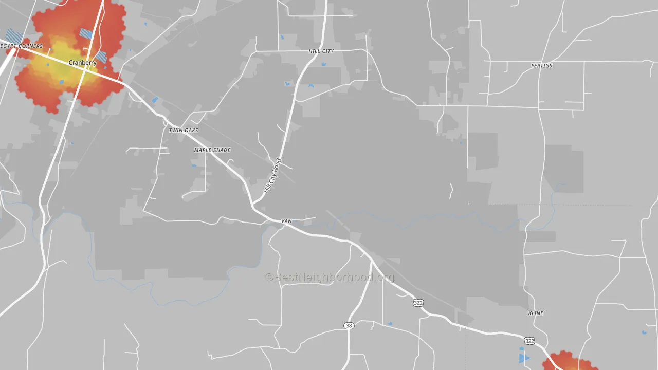 Walk Grade map of Cranberry, PA, walkable areas in green and car-dependent areas in red