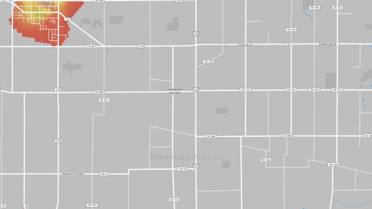 Walk Grade map of Cranberry Prairie, OH, walkable areas in green and car-dependent areas in red