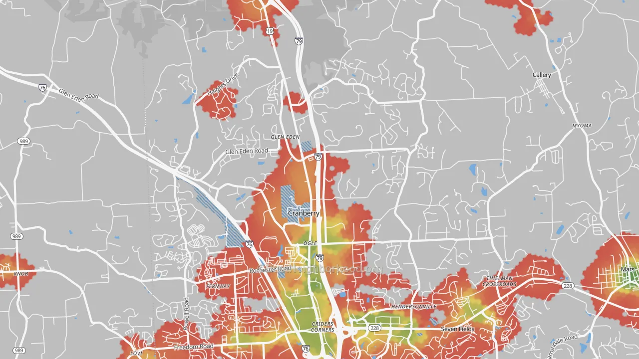 Walk Grade map of Cranberry Twp, PA, walkable areas in green and car-dependent areas in red