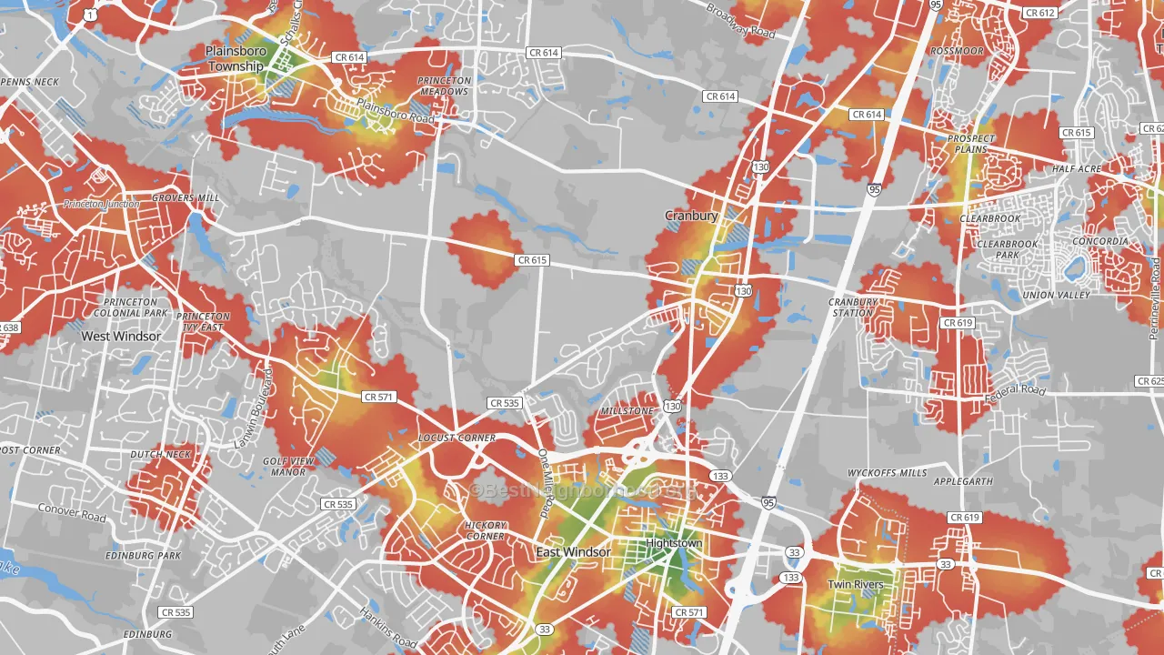 Walk Grade map of Cranbury, NJ, walkable areas in green and car-dependent areas in red
