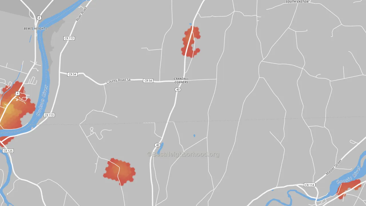 Walk Grade map of Crandall Corners, NY, walkable areas in green and car-dependent areas in red