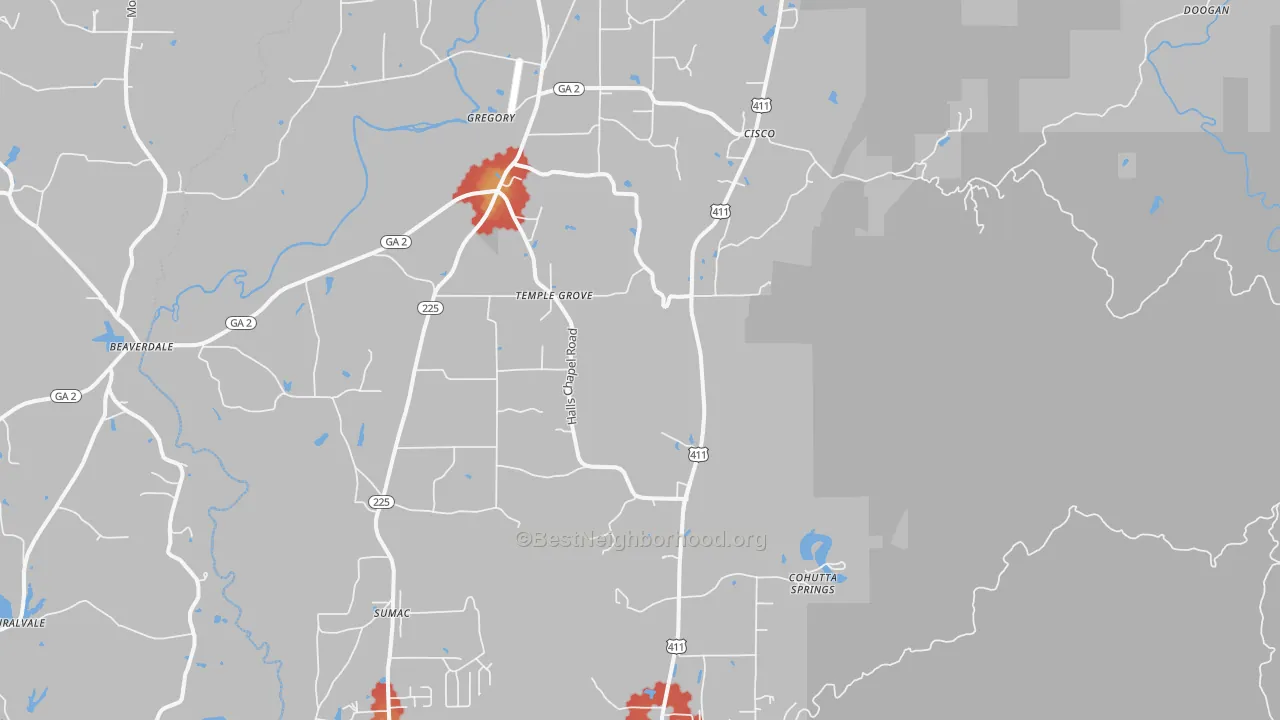 Walk Grade map of Crandall, GA, walkable areas in green and car-dependent areas in red