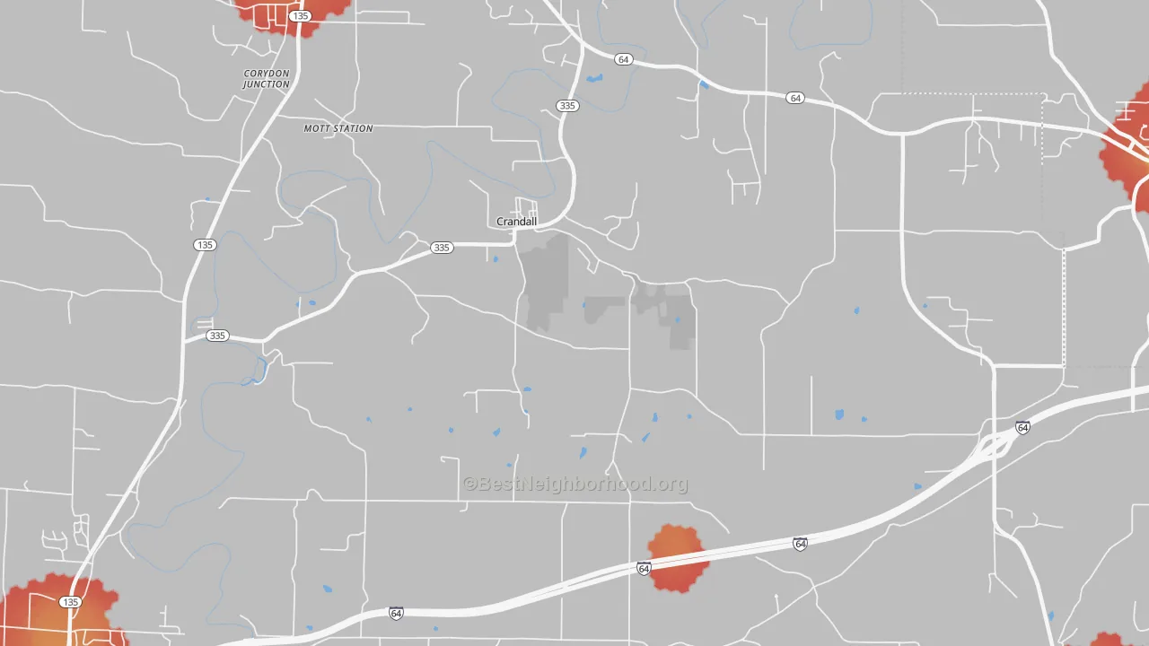 Walk Grade map of Crandall, IN, walkable areas in green and car-dependent areas in red