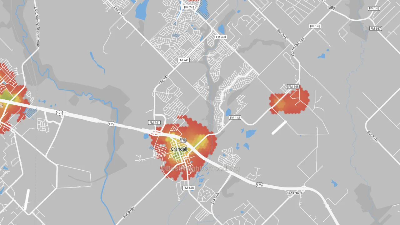 Walk Grade map of Crandall, TX, walkable areas in green and car-dependent areas in red