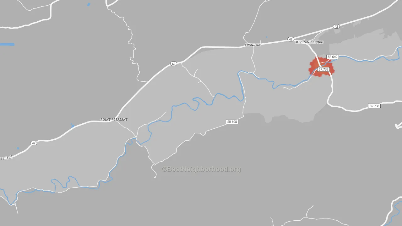 Walk Grade map of Crandon, VA, walkable areas in green and car-dependent areas in red
