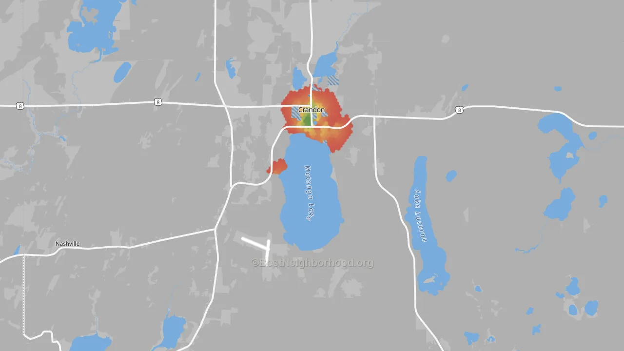 Walk Grade map of Crandon, WI, walkable areas in green and car-dependent areas in red