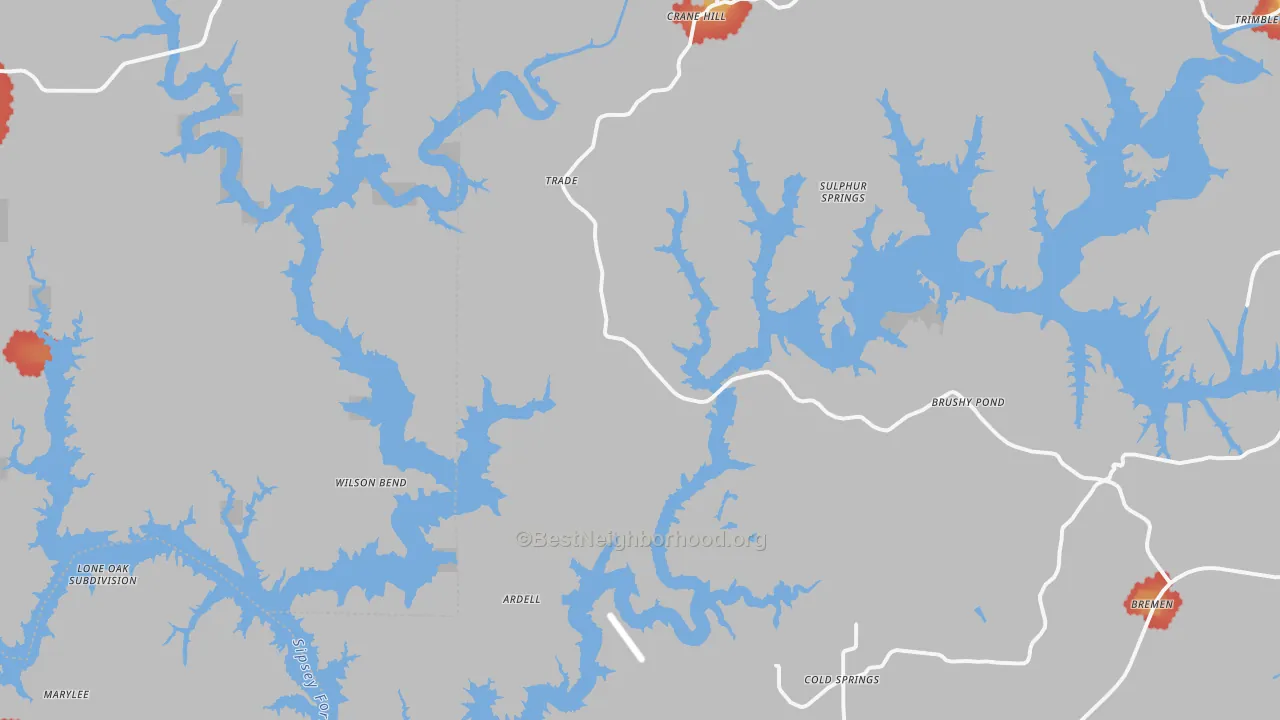 Walk Grade map of Crane Hill, AL, walkable areas in green and car-dependent areas in red
