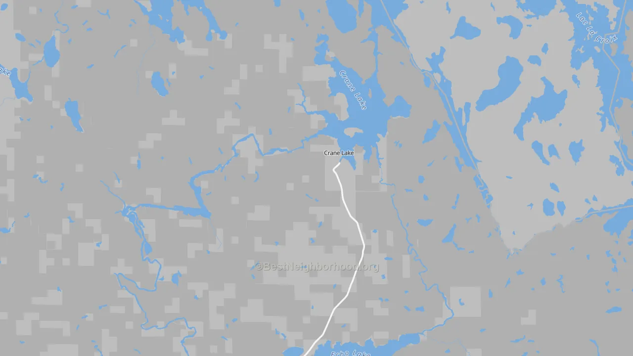 Walk Grade map of Crane Lake, MN, walkable areas in green and car-dependent areas in red